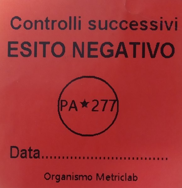 Contrassegno rosso di esito negativo con data e sigla PA 277