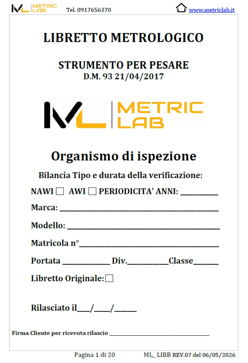 Copertina del libretto metrologico Metriclab per strumenti per pesare